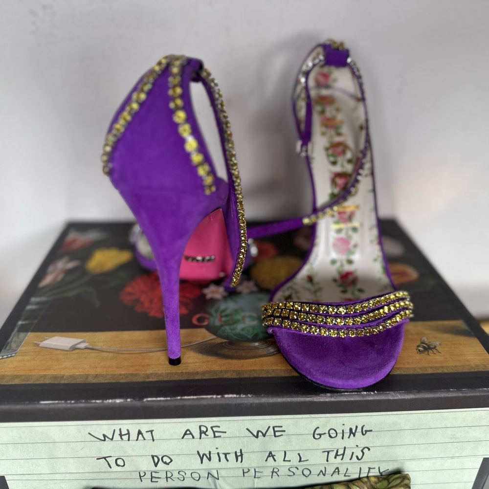 Gucci Kid Scamosciato Crystal Ankle Strap High Heel